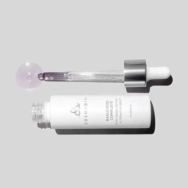 Bakuchiol bottle with serum by the dropper, the serum  is a  plant Based Retinol Alternative Serum that helps improve the appearance of fine lines and wrinkles