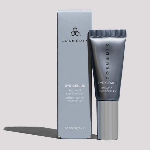 A tube and box of Eye Genius, The formula contains firming peptides that work together to help reduce the appearance of fine lines and wrinkles while illuminating the under-eye area to help camouflage the appearance of dark circles.