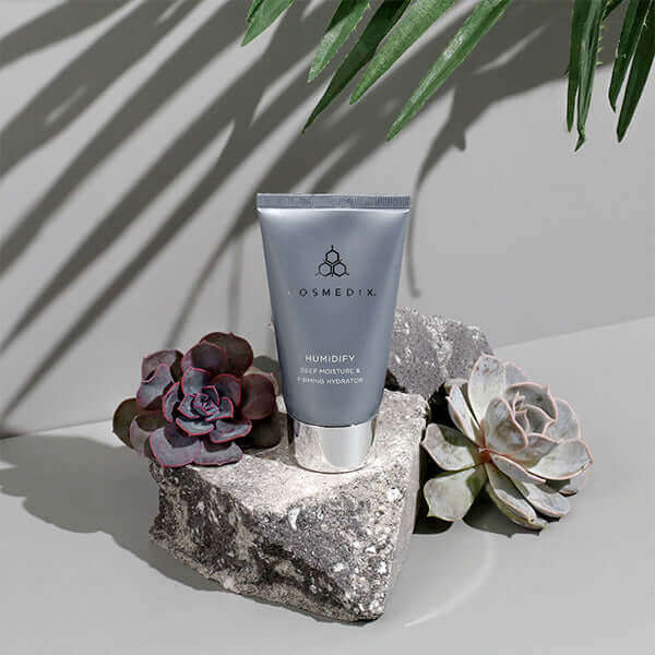 a tube sitting on a rock by succulents. It is a tube of of the deep Moisture & Firming Hydrator moisturizer cream 