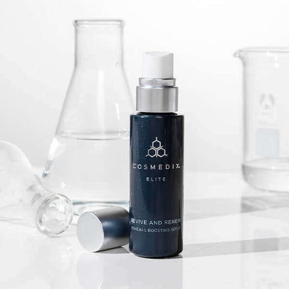 Bottle of Revive serum that helps reduce signs of aging, deeply moisturize, and help rejuvenate the look of dull, lackluster skin for a healthier-looking, radiant glow. 