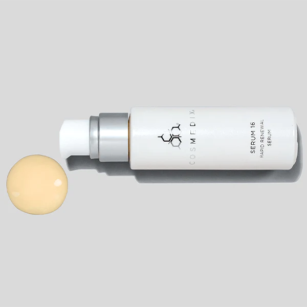 a bottle on it's side of Serum 16 it is a Rapid Renewal Serum that includes 2x Vitamin A (Retinol & Retinal) to help smooth the look of lines and wrinkles