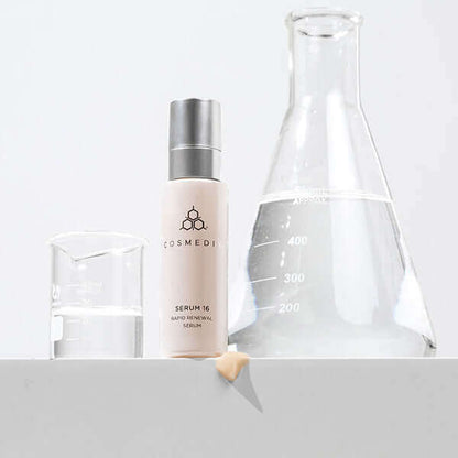 beakers with a bottle of Serum 16 it is a Rapid Renewal Serum that includes 2x Vitamin A (Retinol & Retinal) to help smooth the look of lines and wrinkles