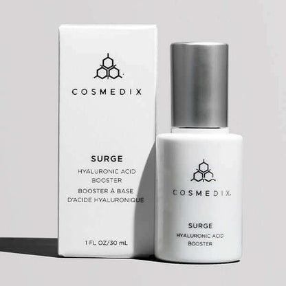 A box and bottle of the hydration serum Surge