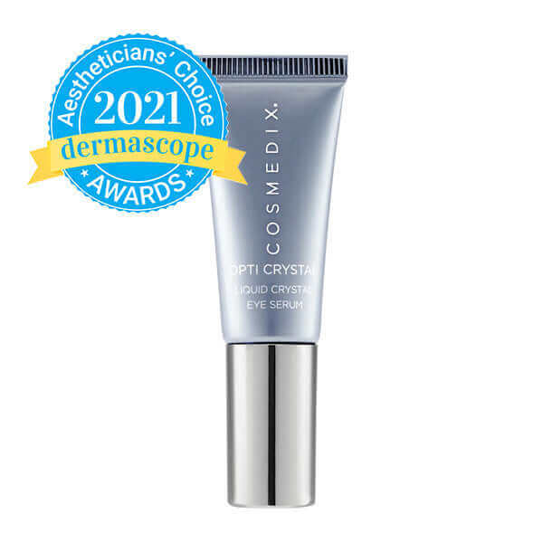 A close up of the Opti-Crystal tube with the Aestheticians' choice award 2021, it is infused with soothing coconut and liquid crystal technology to deliver unprecedented hydration to the delicate eye area—softening the look of fine lines, dark circles and wrinkles over time. 