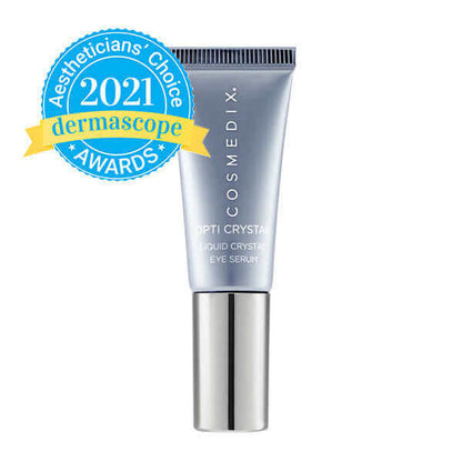 A close up of the Opti-Crystal tube with the Aestheticians' choice award 2021, it is infused with soothing coconut and liquid crystal technology to deliver unprecedented hydration to the delicate eye area—softening the look of fine lines, dark circles and wrinkles over time. 