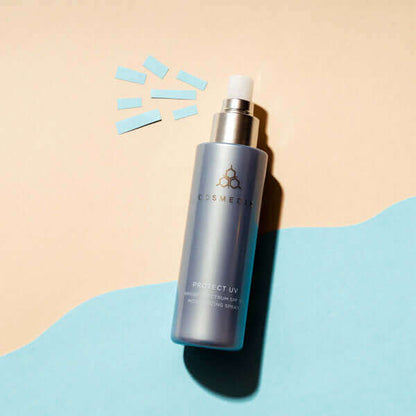 a summer background with a bottle laying on its side of Protect UV it is a gentle, multipurpose Broad Spectrum SPF 30 Moisturizing Spray