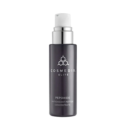 Pepoxide bottle with cap off, it has antioxidants and a powerhouse Peptide that dramatically helps improve the look of fine lines and wrinkles. 