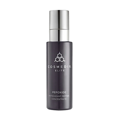 Pepoxide bottle with cap on, it has antioxidants and a powerhouse Peptide that dramatically helps improve the look of fine lines and wrinkles. 