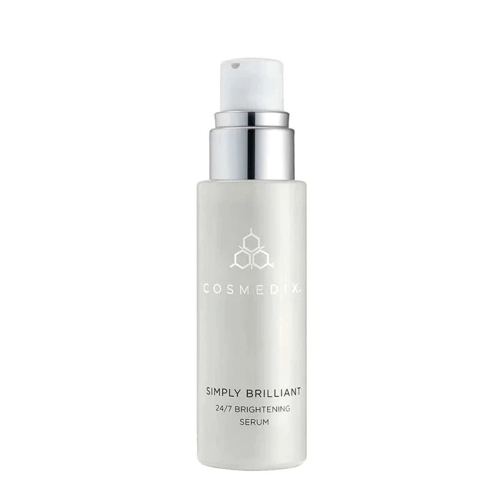 A bottle with the cap off of Simply Brilliant serum that helps to even skin tone and brighten