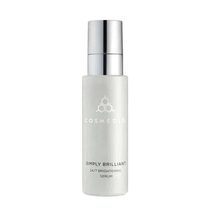 A bottle of Simply Brilliant serum that helps to even skin tone and brighten